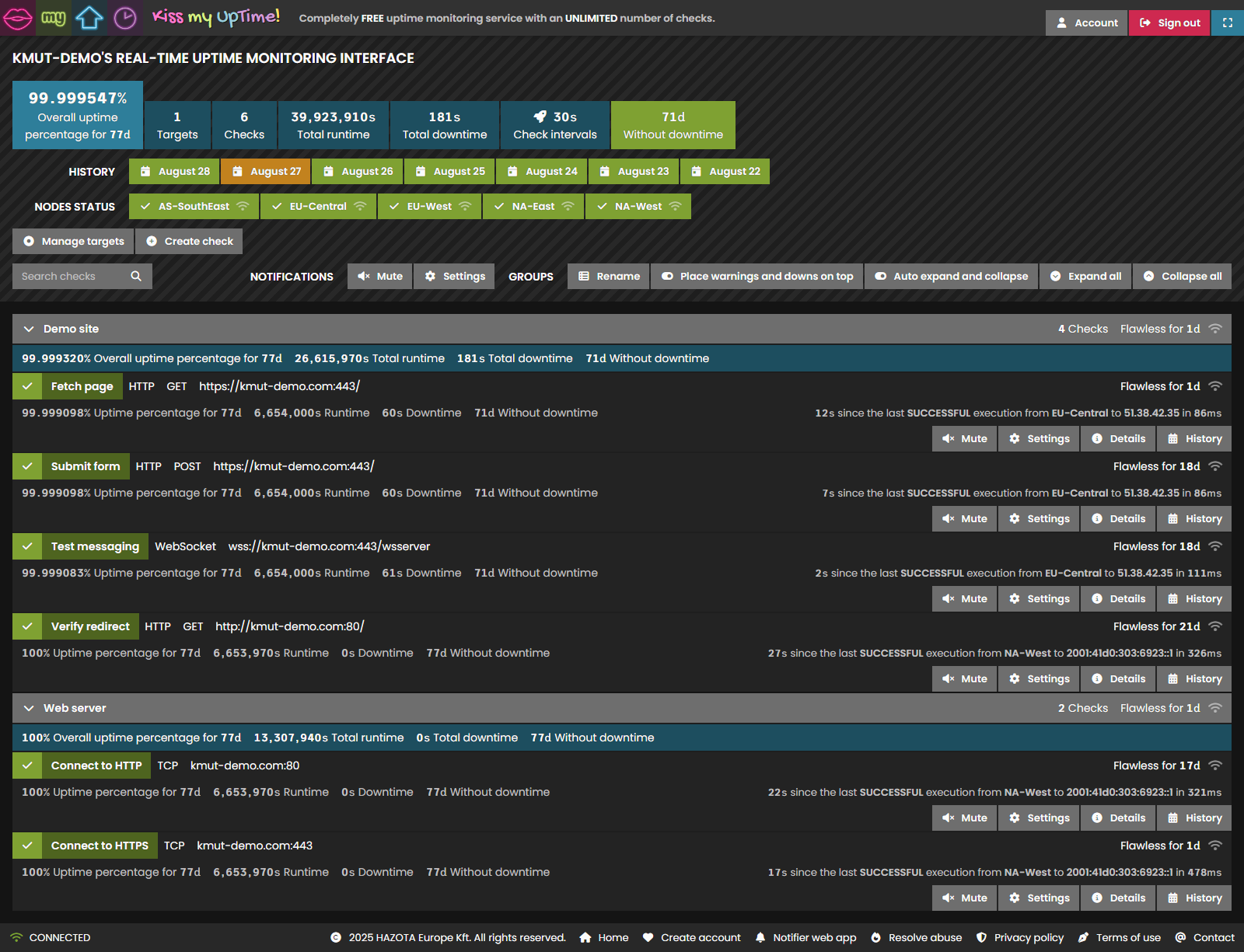 The real-time uptime monitoring interface